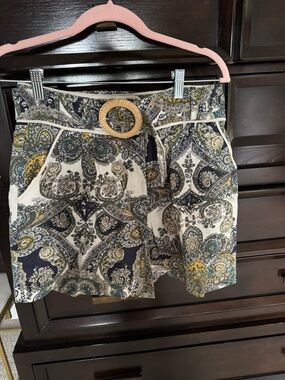 Magaschoni Paisley High-Waist Shorts with Belt - Navy, Cream, Mustard